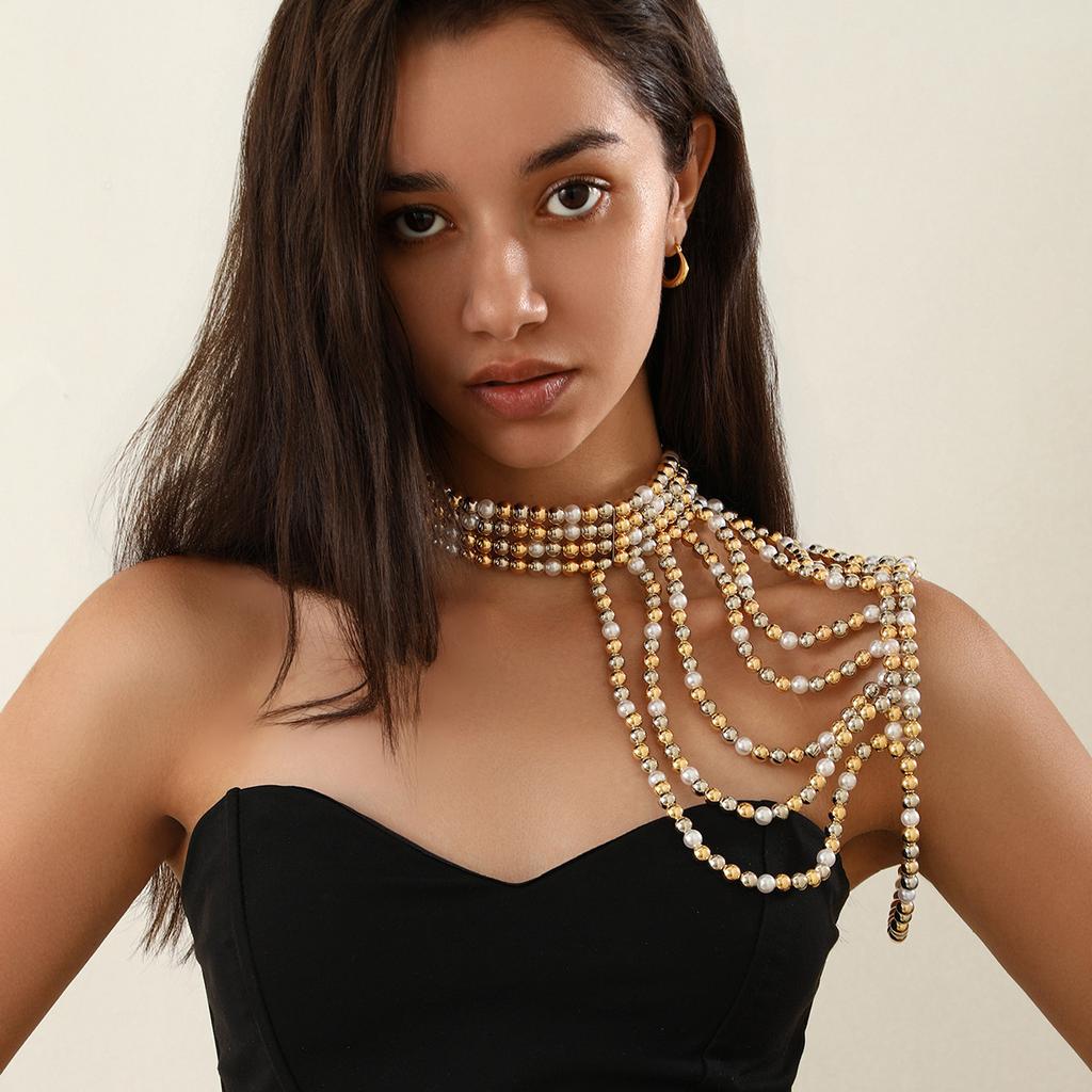 Accessories Fashion Temperament Multi-layer Imitation Pearl Tassel Shoulder Chain Dress with Clothing Body Chain Chest Chain