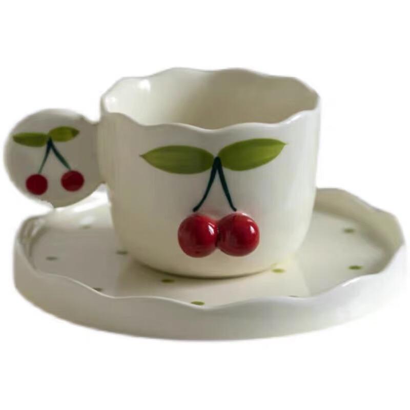 Hand-painted Embossed Cherry Ceramic Mug Set