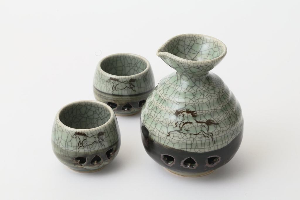 Ohori Soma Ware Matsunaga Kiln Sake Bottle and Sake Cup Set Sake Double-Round Double-Round (2 Cups)