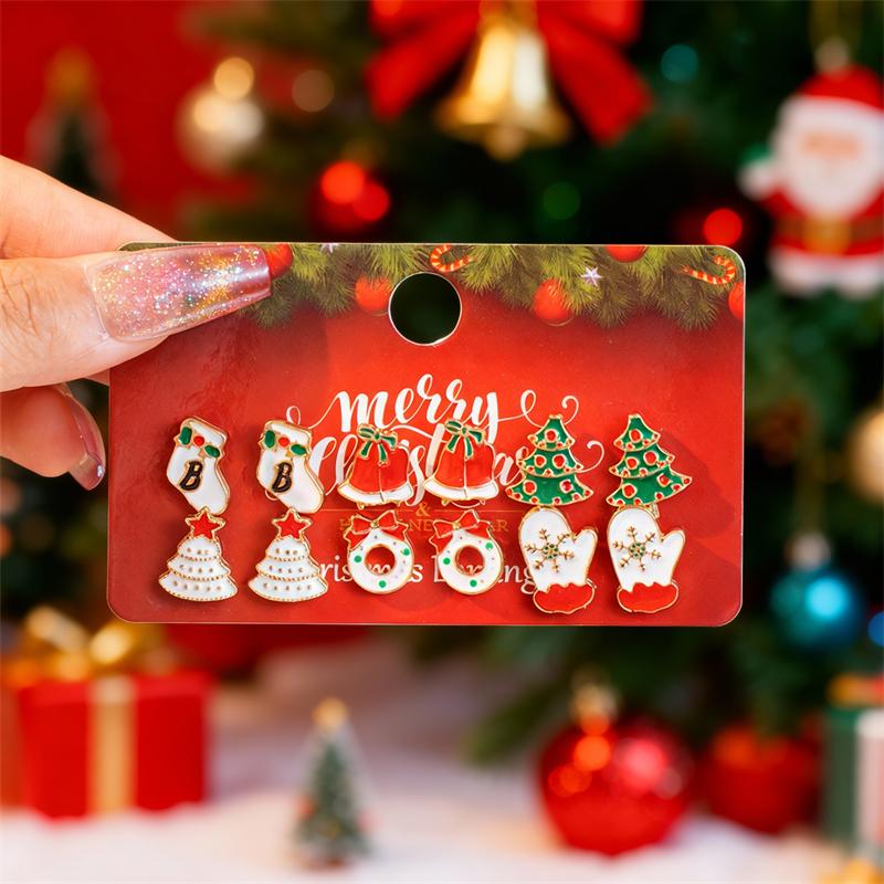 Cute Christmas Gingerbread Snowflake Earrings Set for Women 12 pcs Santa Claus Christmas Tree Bell Earrings New Year Jewelry