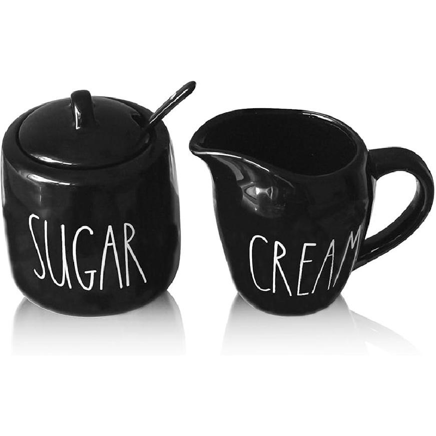 Sugar and Creamer Set, Cream Container and Sugar Holder Set for Coffee Bar, Farmhouse Sugar Bowl with Lid and Spoon, Ceramic Sugar Dispenser and