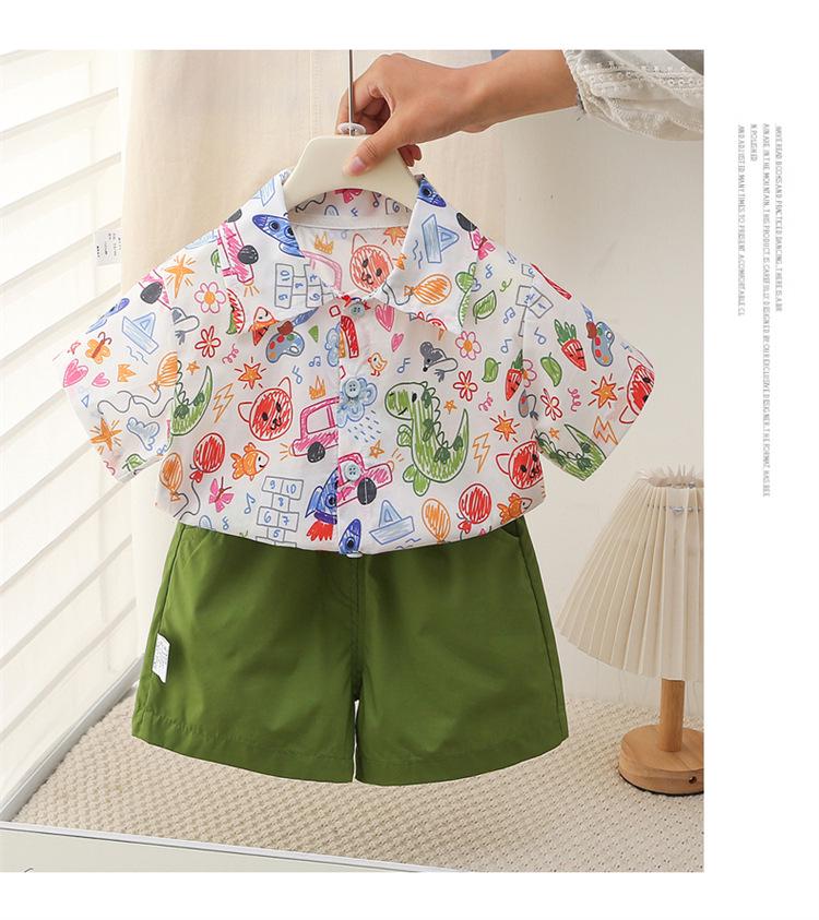 Stylish Cartoon Animal Graffiti Shirt & Pure Cotton Shorts Set for Boys - Korean Style Summer 2026 New Arrivals for Toddlers & Young Children 100cm