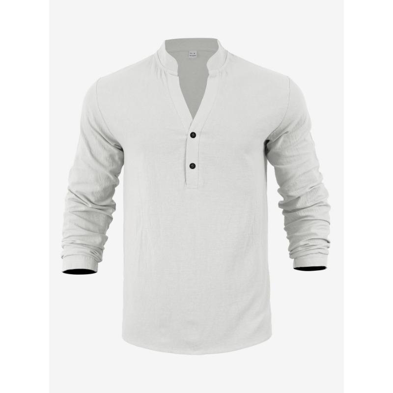 Men S Linen Blend Solid Color Long Sleeve Stand Collar Casual Shirt