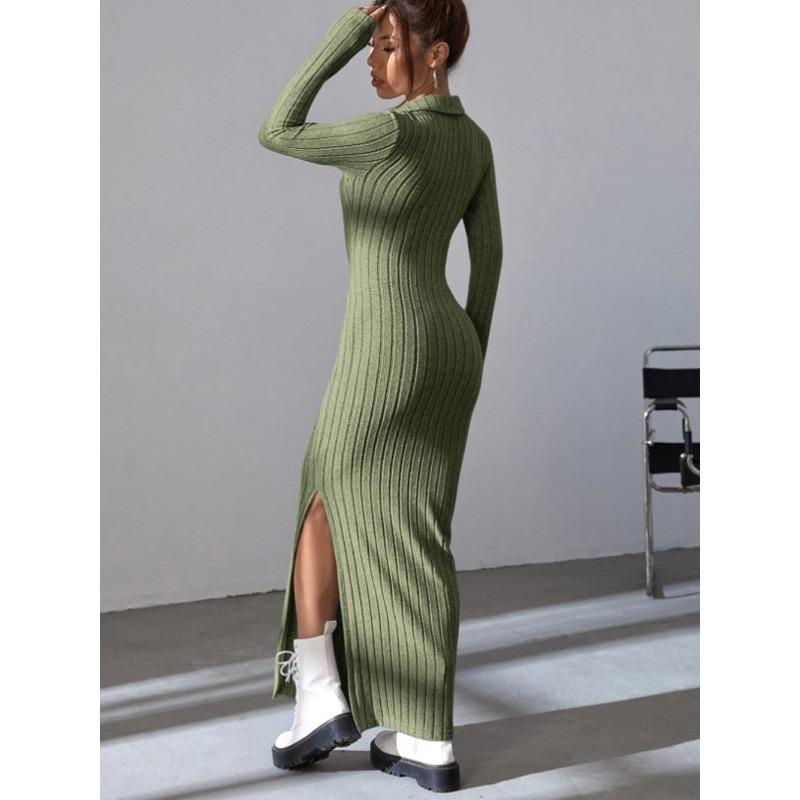 YYFS Women's Fashion Spring Fall Solid Color Print Long Sleeve POLO Neck High Waist Casual Dresses