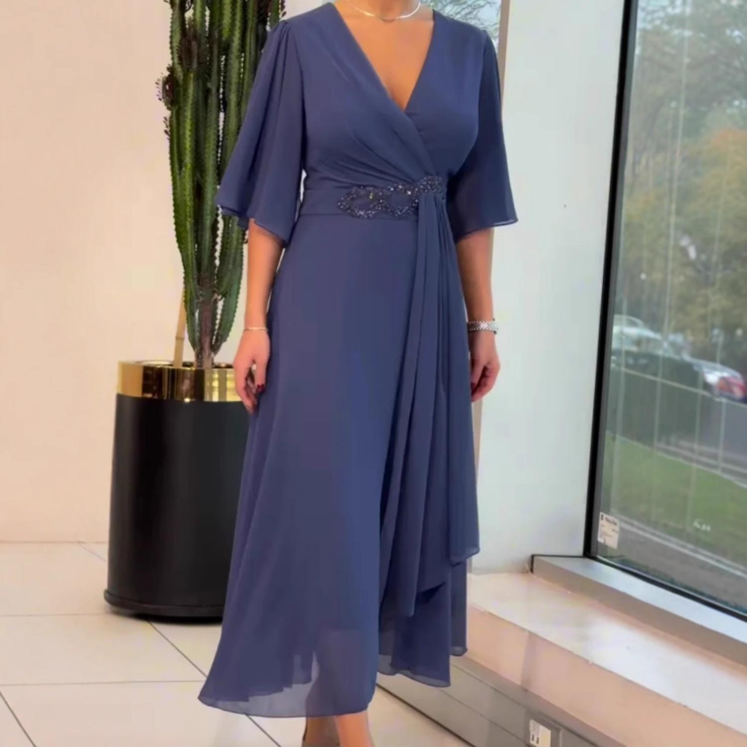 

Womens V-Neck Long Dress with Bell Sleeves and Drawstring Waist Multiple Colors XXL Темно-синій