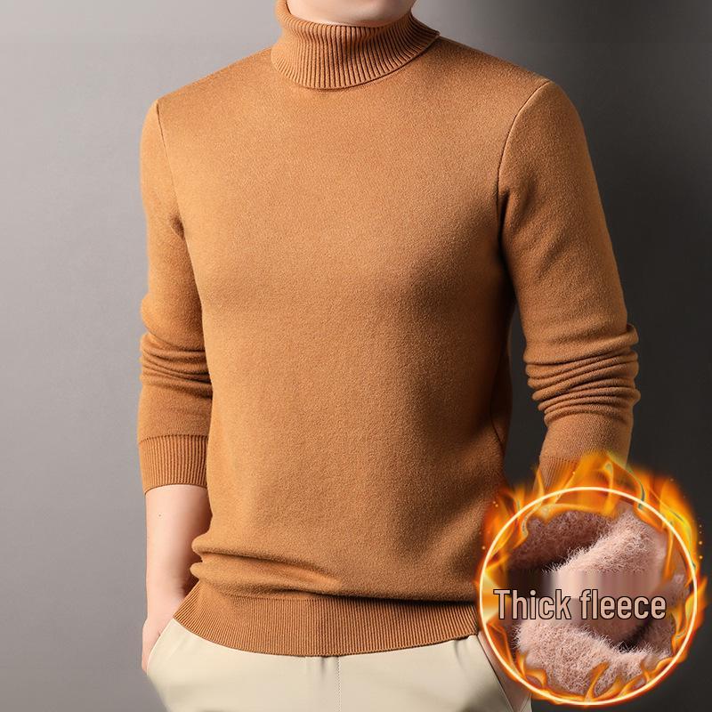 Men's Fashionable Thick Knit Pullover with Double-Fold High Neck, Fleece-Lined for Warmth, Solid Color, Perfect for Middle-Aged and Young Adults.