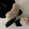 Square Head Mao Mao Warm Thick Heel Muller Shoes Autumn and Winter New French Medium Heel Velvet Single Shoes Women