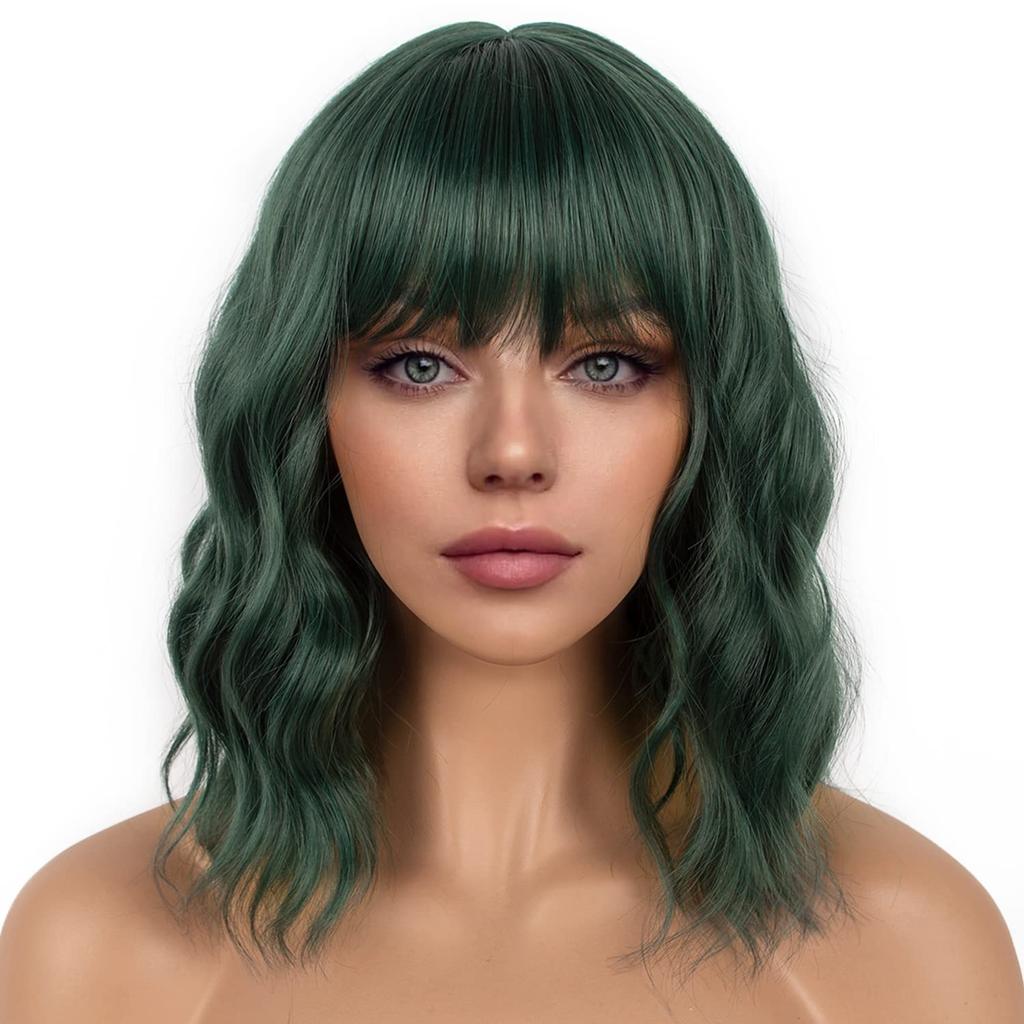 LANCAINI Short Bob Wigs with Bangs for Women Loose Wavy Wig Curly Wavy Shoulder Length Bob Synthetic Cosplay Wig for Girl Colorful Costume Wigs