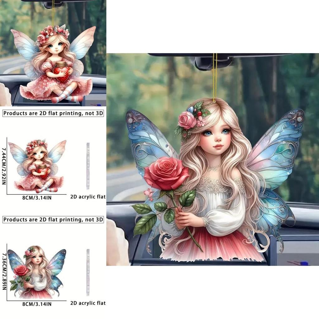 Cute Acrylic Pink Angel Fairy Keychain With Wings For Car Mirror Decoration