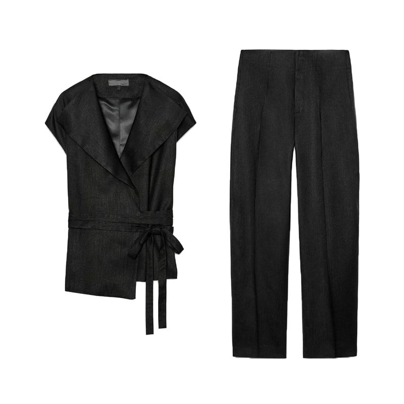 Lapel Sleeveless Linen Blended Vest 3132168 Mid-Waist Straight Linen Blended Pants 3136168