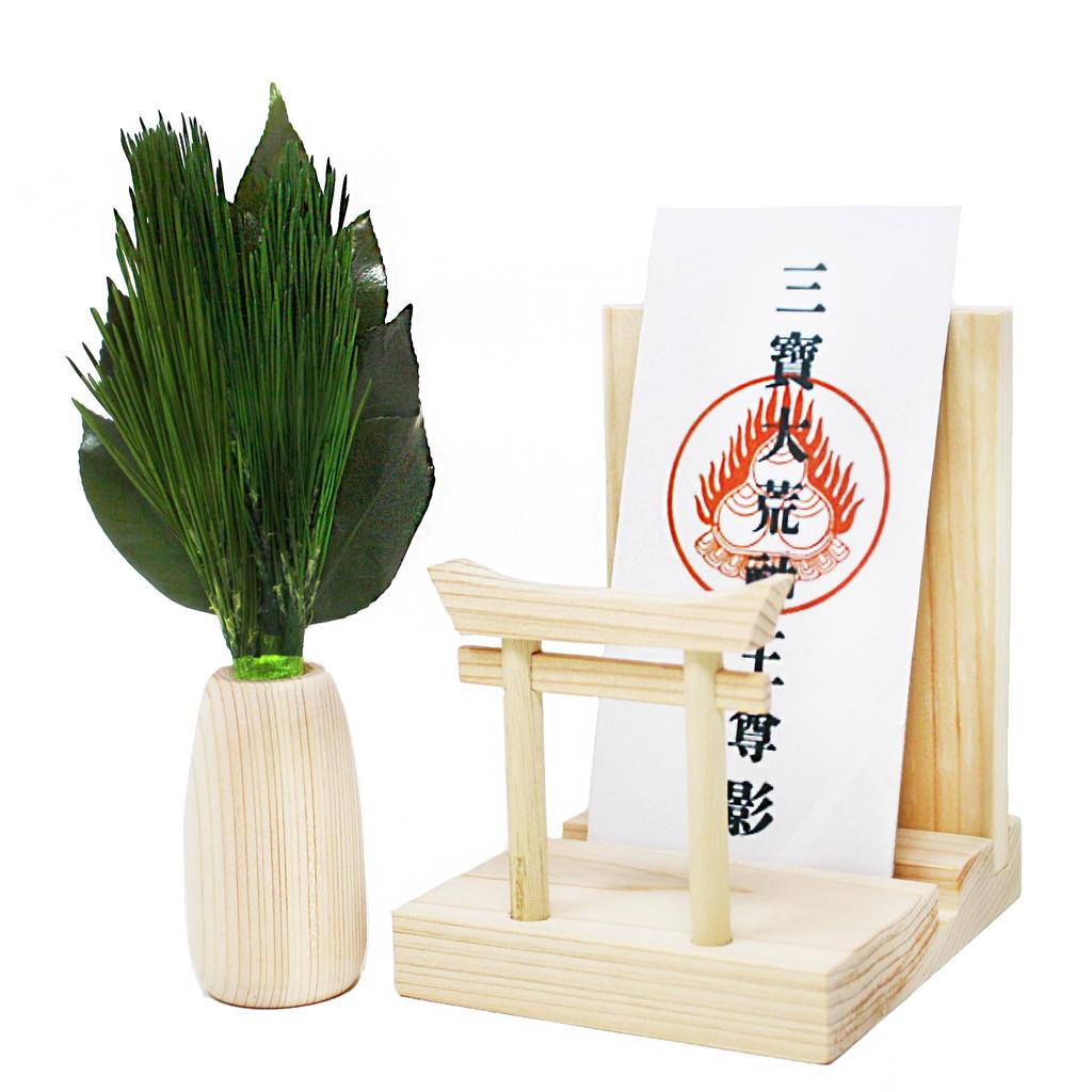 [A&K] Kitchen God of the Stovetop, Mini Small, Arajin Pine Round Stand with Torii Gate, Handcrafted by Artisans, Includes Torii Gate, Ofuda Holder,