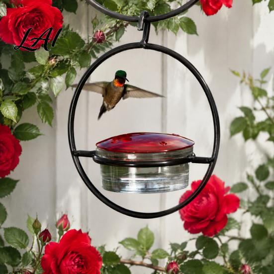 Backyard Bird Watching Supplies Metal Hanging Hummingbird Feeders for Outdoors Feeder with Red Glass Durable Iron Bath Bowl & Perch Decorative