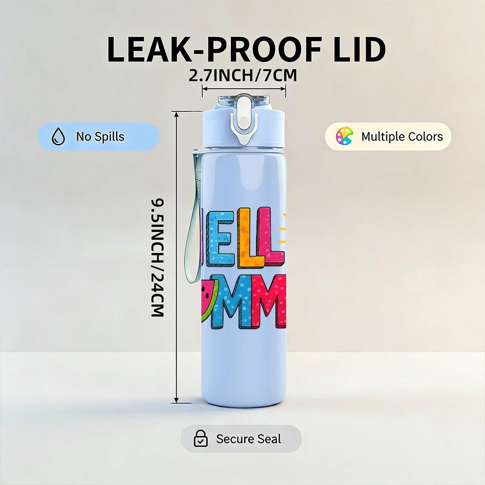 1PC Hello Summer Sun Letter 750ml Color Plastic Sports Water Bottle Leakproof Flip Straw Lid Suitable for Sports Office Home Use