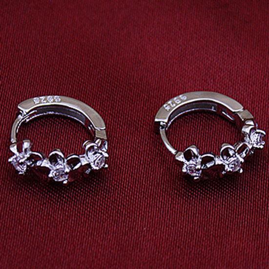 Lady Flower Faux Sweet Rhinestone Huggie Silver Plated Earrings Hoops