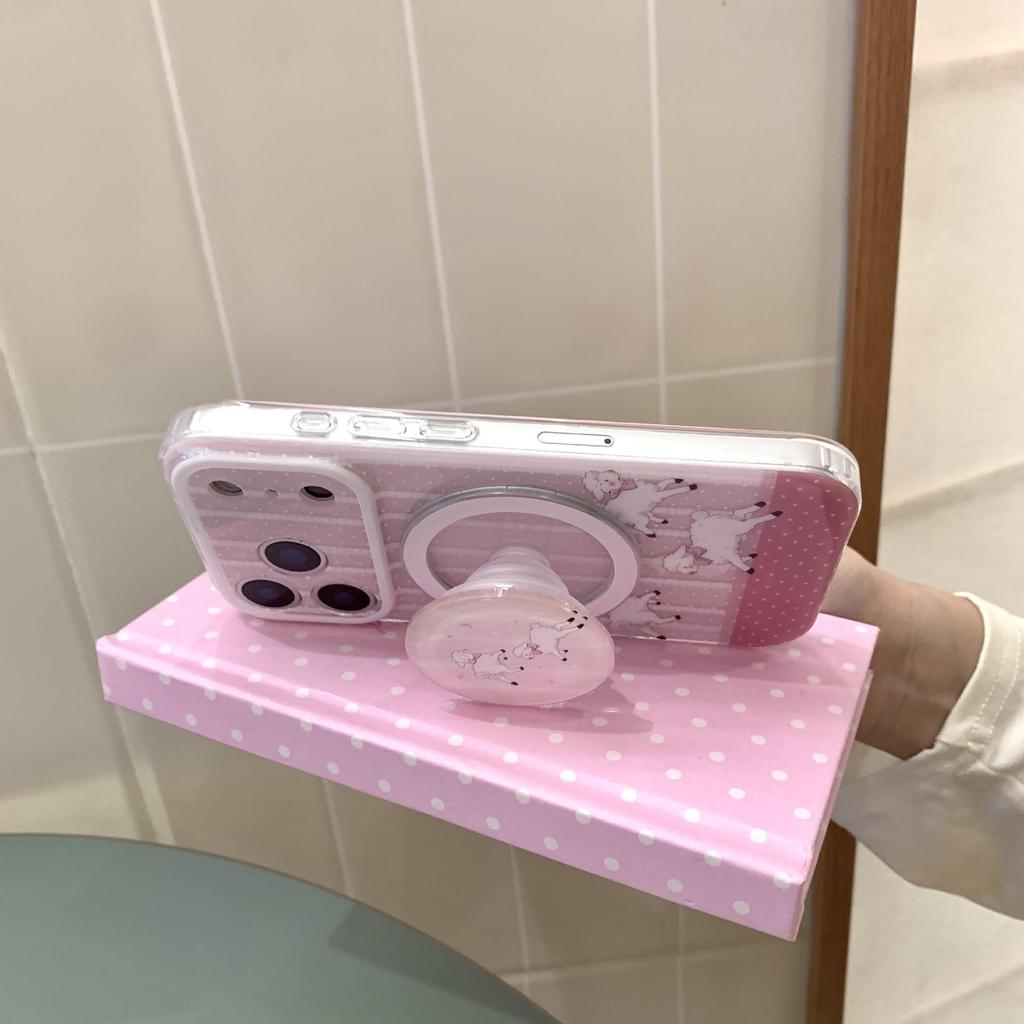 Korean Polka Dot Stripe Sheep Magnetic Holder for iPhone 17 Pro Max/Apple 16/15 Case.