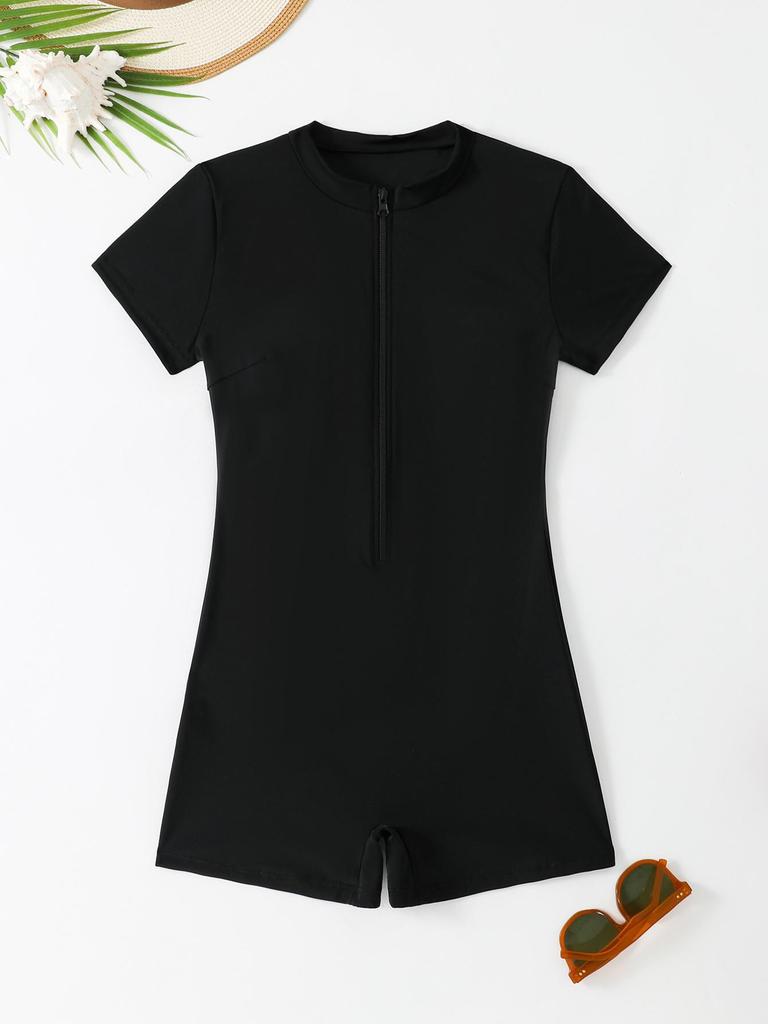 2026 Women's Fashion Solid Zipper Short Sleeve One-Piece Swimsuit