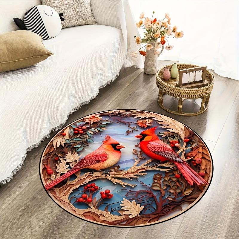 3D Art Birds Cardinal Round Rug For Home Living Room Bedroom Bathroom Kitchen Door Mat Non-slip Machine Washable Carpet