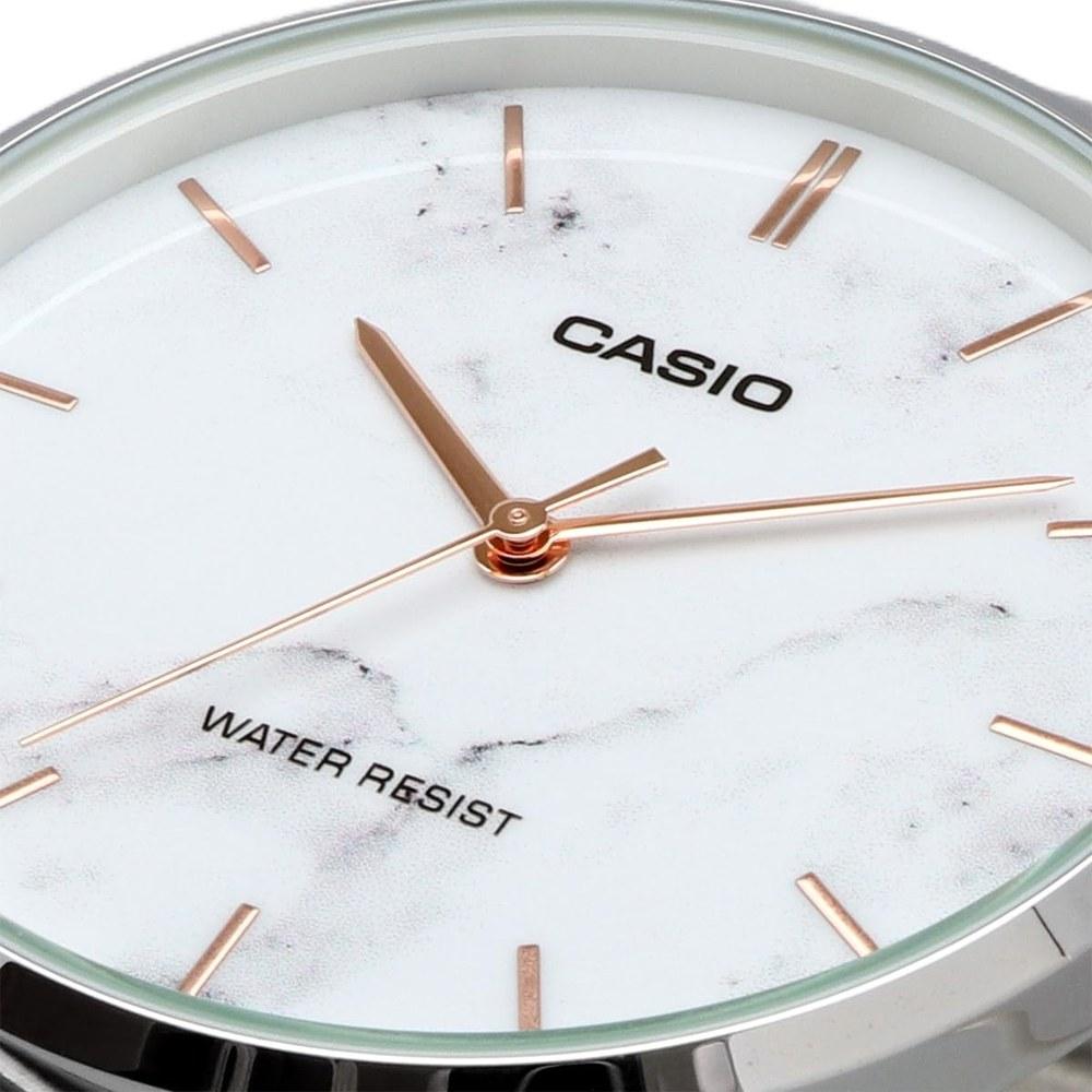 Casio Quartz Men's Watch MTP-VT01LM-7A White Marble Black Leather Band