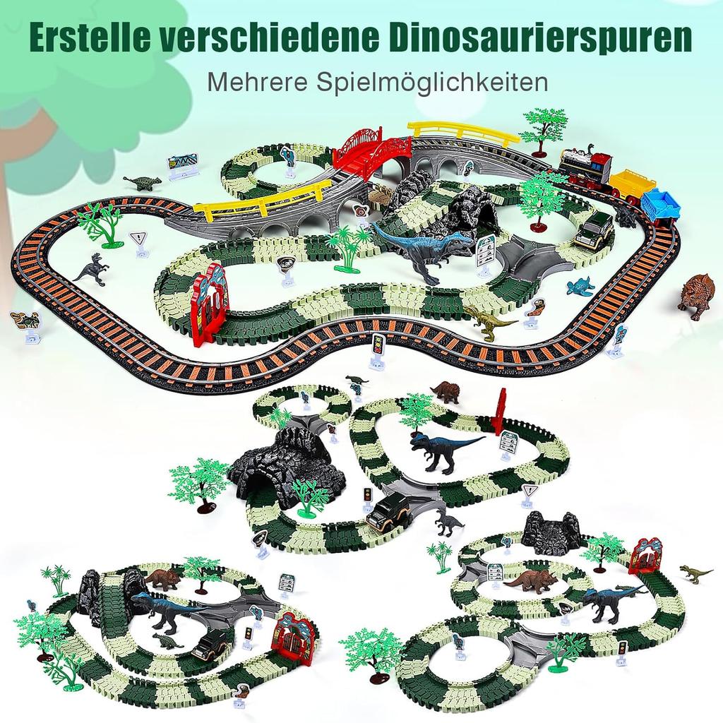 JONRRYIN Elektrische Eisenbahn: 259 Teile Dino Zug Set mit Zug, Straßenfahrzeugen, Rennstrecke. Geeignet für Kinder von 2-7 Jahren