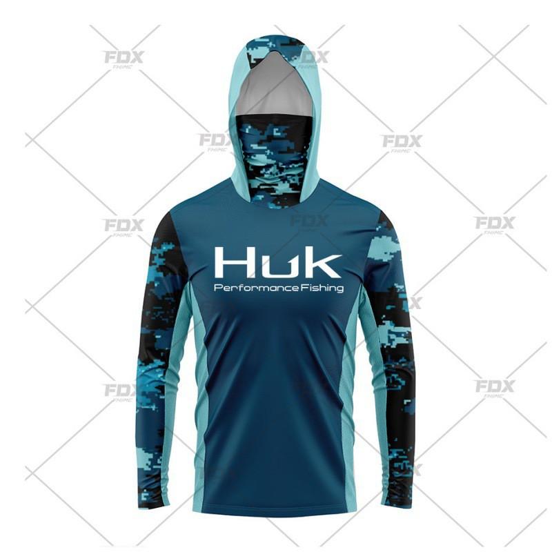 Mens Quick-Dry Fishing Shirt With Hood Neck Cover UPF50 Sun Protection Lightweight Long Sleeve T-Shirt