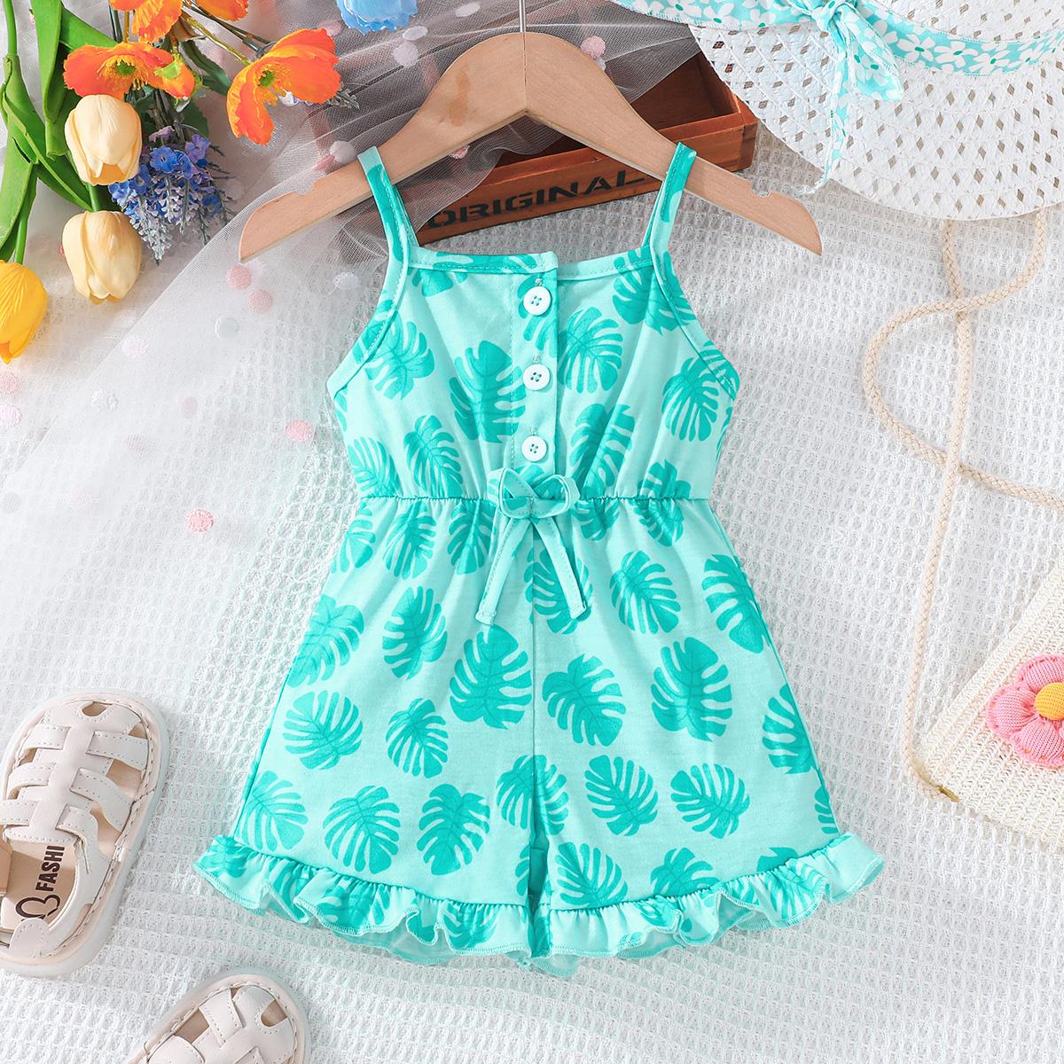 

Baby Girl Leaf Print Ruffle Romper, Spaghetti Strap Button-Down Jumpsuit with Bow Detail 6-9M