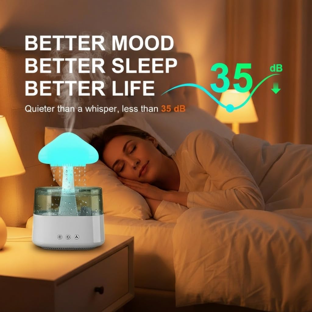 Cloud Rain Humidifier for Bedroom with Soothing Rain Sounds, Water Drip Mushroom Humidifiers 7 Colors Mood Raindrop Diffuser