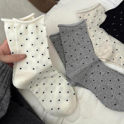 Women's Mid-Calf Rolled Hem Polka Dot Cotton Socks, Breathable & Anti-Odor, Japanese Style.