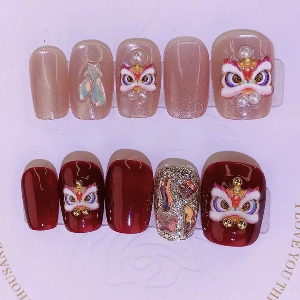 Handmade Exquisite Lion Nail Art National Style Handcrafted Decoration Nail