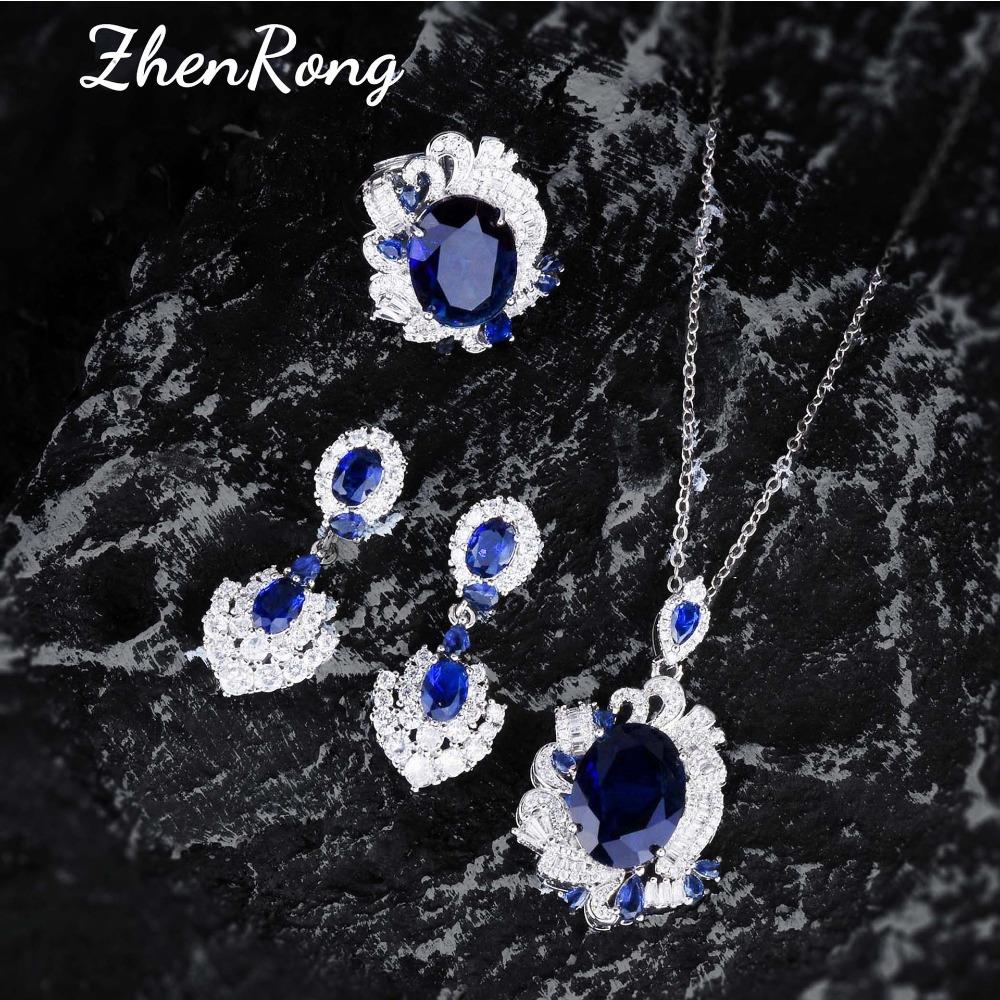 Royal Blue Sapphire Jewelry Set Women Imitation Tanzanite Earrings Pendant Necklace Blue Diamond Ring