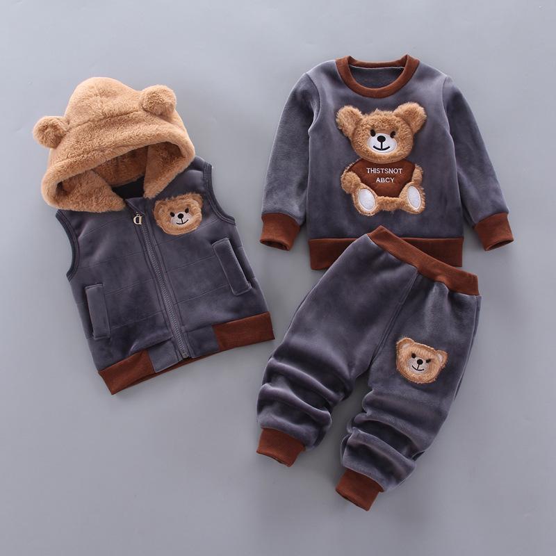 Baby Boys' 3-Piece Cartoon Bear Fleece Clothing Set - Jacket, Vest, and Pants for Autumn/Winter