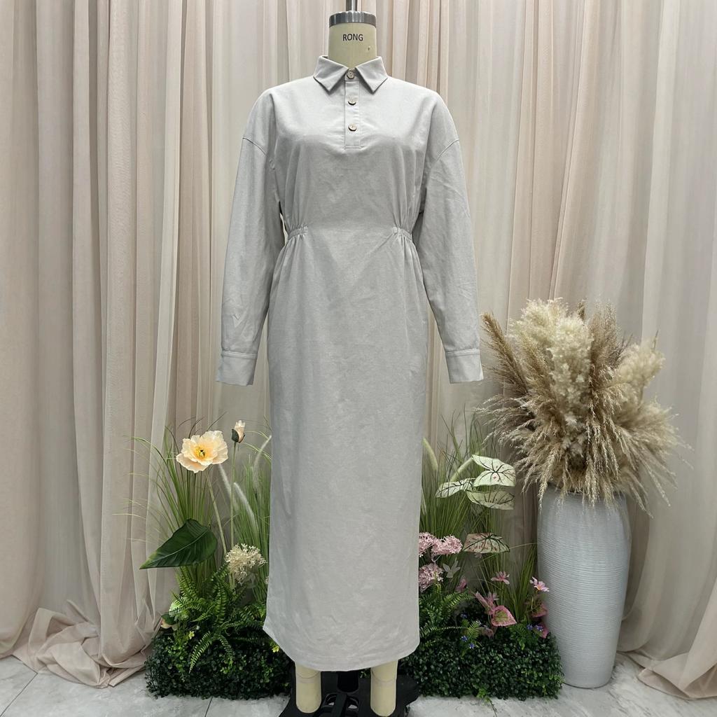 2026 French Linen V-neck Shirt Dress, Drawstring, Waist-Cinching, Loose Long Slit Dress, 20% Linen
