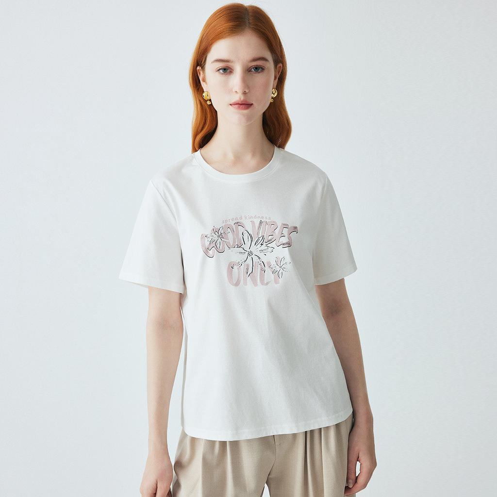 Kostengünstig einschließlich Maulbeerseide: Sommer-Rundhals-T-Shirt mit Buchstabenaufdruck, kurzärmelig, vielseitig, lässig, atmungsaktiv für Damen