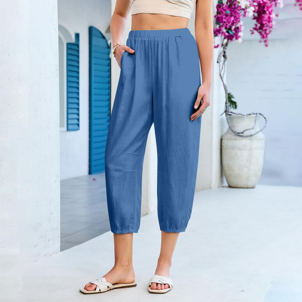 Women’s Elastic Waist Cropped Pants Casual Loose Fit Lightweight Trousers with Pockets for Daily Wear Travel Office