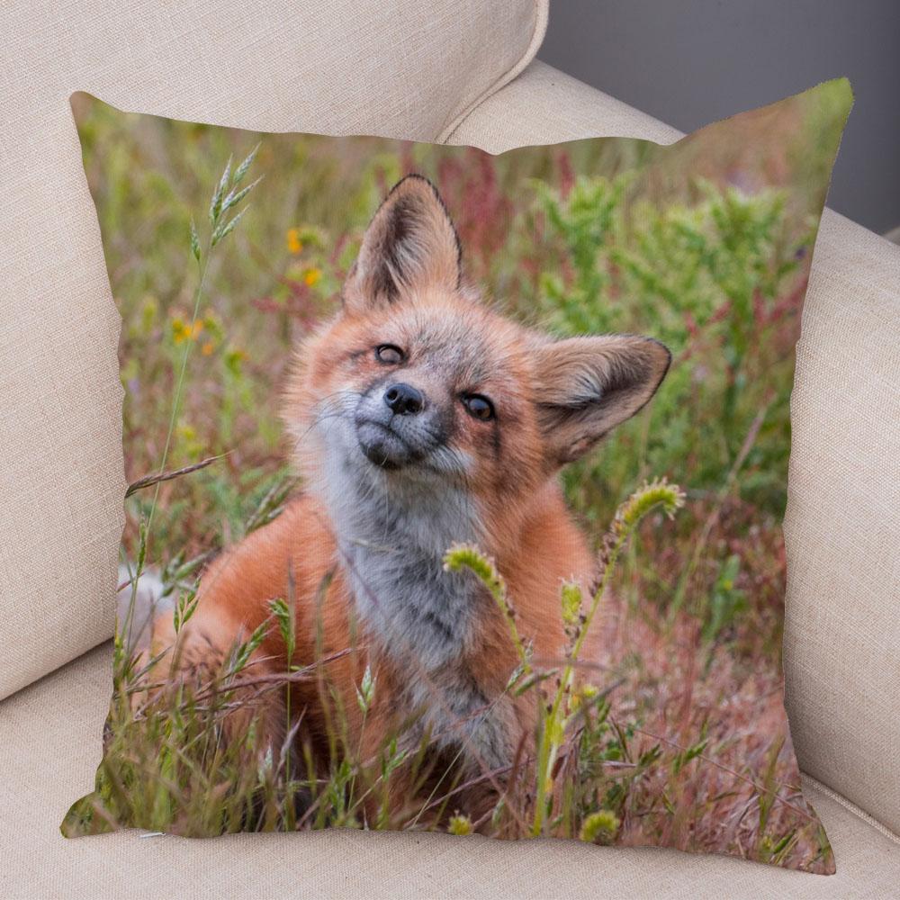 Cute Wild Fox Printed Pillow Case Decor Lovely Animal Pillowcase 45*45cm Soft Short Plush Cushion Covers for Sofa Home Car