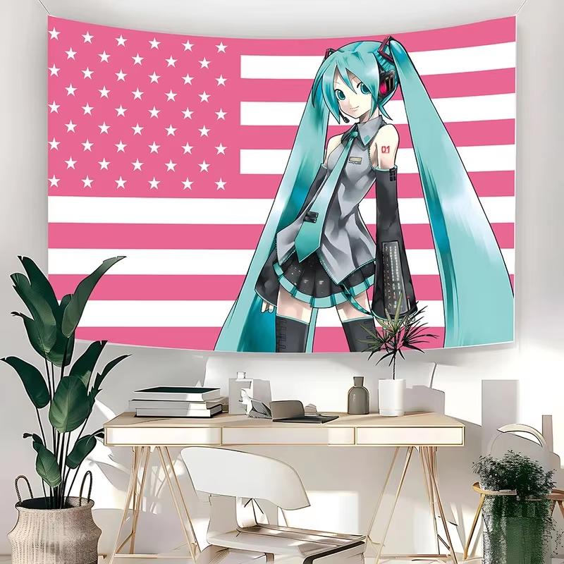 Vikama Miku Patriotic Anime Girl Tapestry Us Flag Backdrop Flat Print Wall Hanging Aesthetic Teal Pigtails Girl Art For Dorm Dec