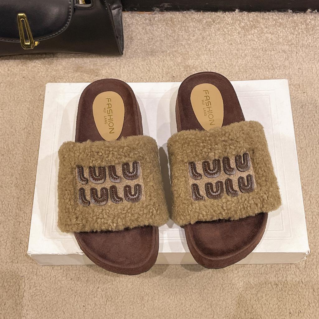 Thick Bottom Fluffy Slippers Women Wear 2025 New Autumn and Winter Lamb Fluffy Internet Celebrity Fashion Home Cotton Slippers