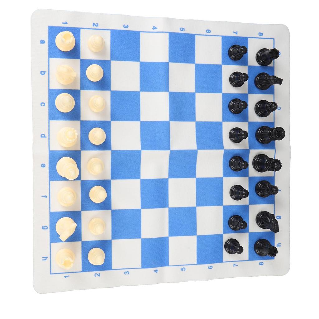 Chess Game Set Plastic 32 Chess Pieces Chessmen with 13.8 Inch PU Leather Blue White Chessboard for Home Travel