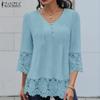 ZANZEA Women Casual V-neck Lace Splice 3/4 Sleeve Loose Blouse