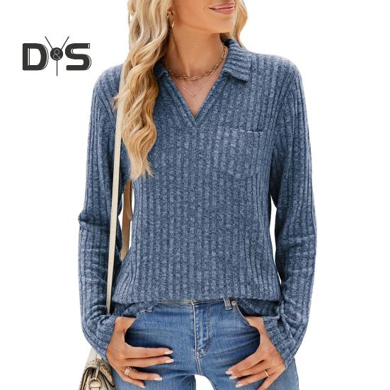 Pull Femme Revers Col V Design Poche Poitrine Manches Longues Couleur Unie Tricot Tops Maille Côtelée Pull Décontracté