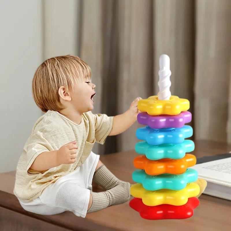 1 Set Montessori Rotating Rainbow Tower Baby Stacking Toys Children Develop Motor Skills Game Spinning Stacking Toy Gifts