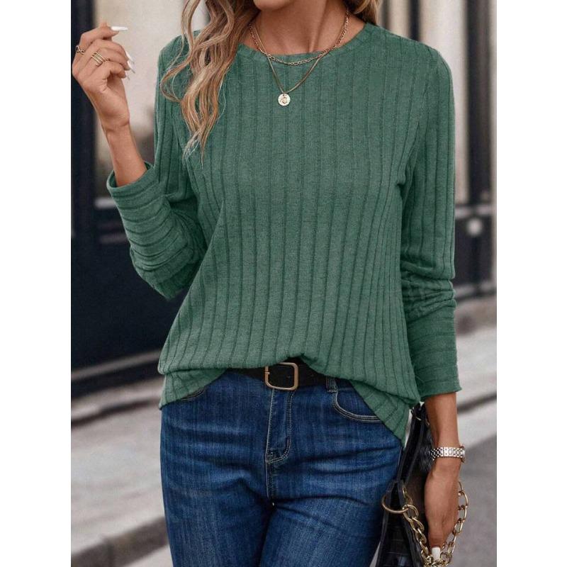 Solid Color Comfortable Round Neck Pit Stripe T-shirts for Spring and Autumn Casual Long Sleeves Women's T-shirts