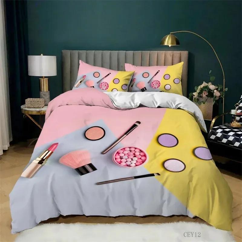 Fashion Bedding Set Makeup Cosmetic Theme Duvet Cover Polyester Perfume Lipstick Nail Polish Brush Print Quilt Cover King Size
