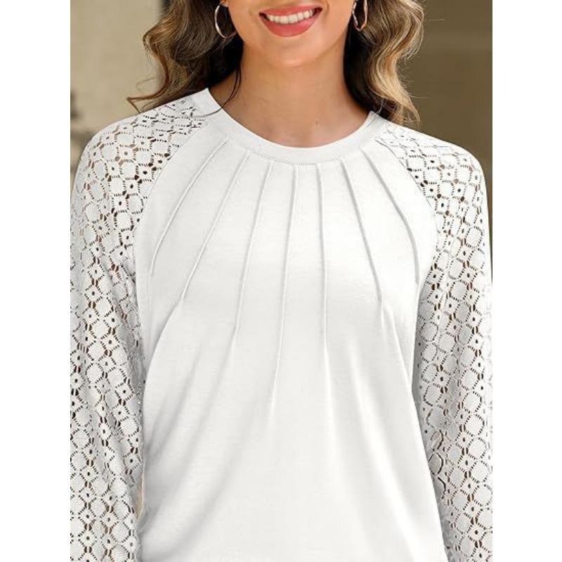 Women S Long Sleeve Lace Blouse Solid Color Loose Fit Casual Top