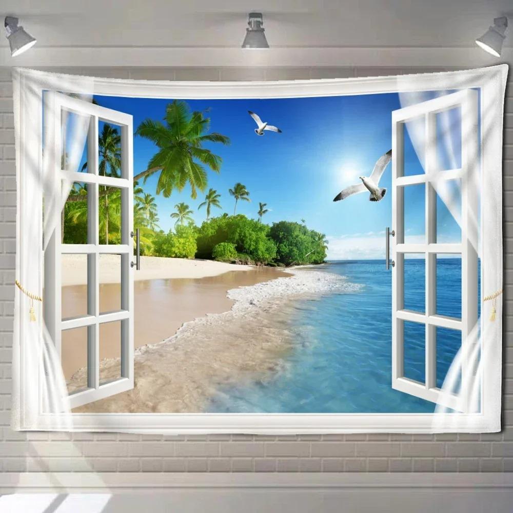 Home decoration natural ecological beach scenery imitation window paper art tapestry background wall room beautiful living room