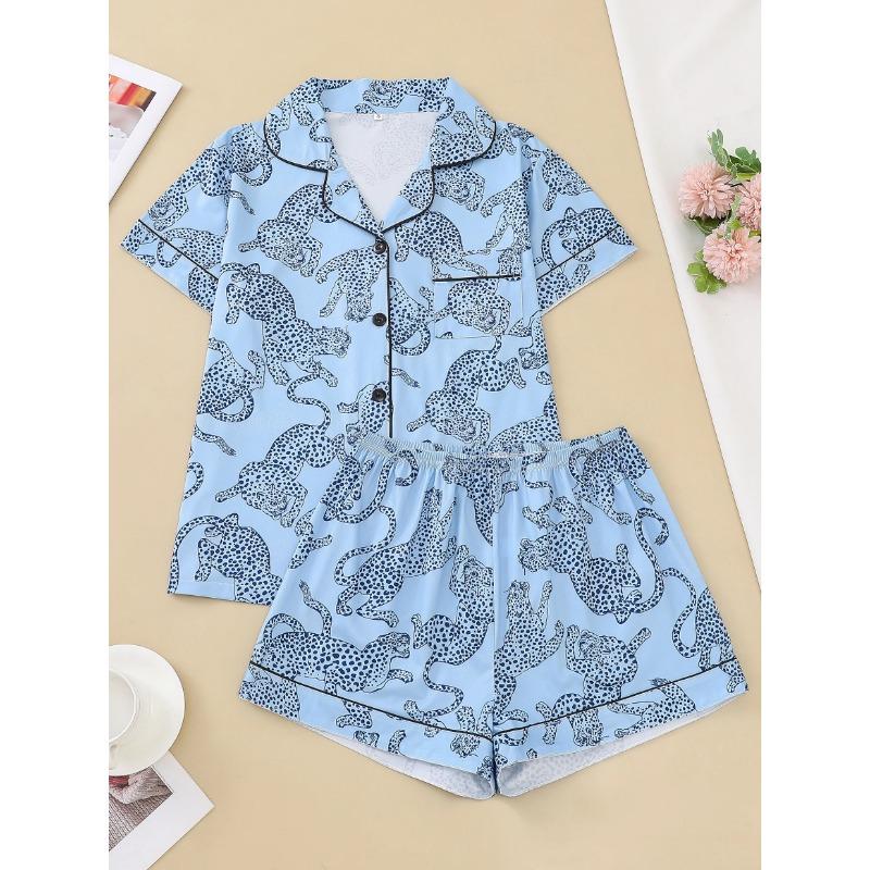 Casual Pink Leopard Print Pajama Set for Women Lapel Short-sleeved Top and Baggy Shorts Loungewear for Women
