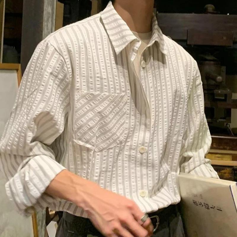 Spring and Autumn High-end Striped Seersucker Long-sleeved Shirt for Men Loose Casual Top
