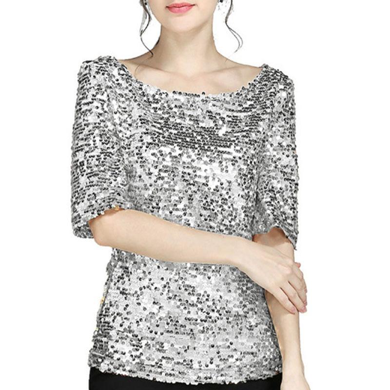 Women Shiny Sequin Loose Blouses Elegant Stylish Crew Neck Glittering Tops Five-point Sleeve Casual Stretch Shirt