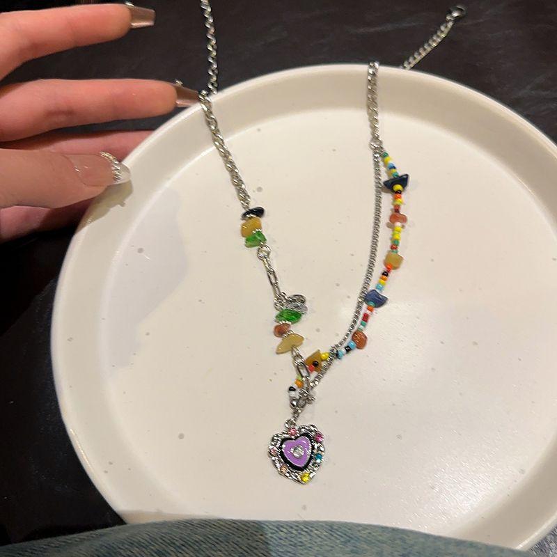 Color Beaded Love Flower Zircon Necklace Female Sweet Cool Hot Girl Wind Collarbone Chain Niche Design Accessories