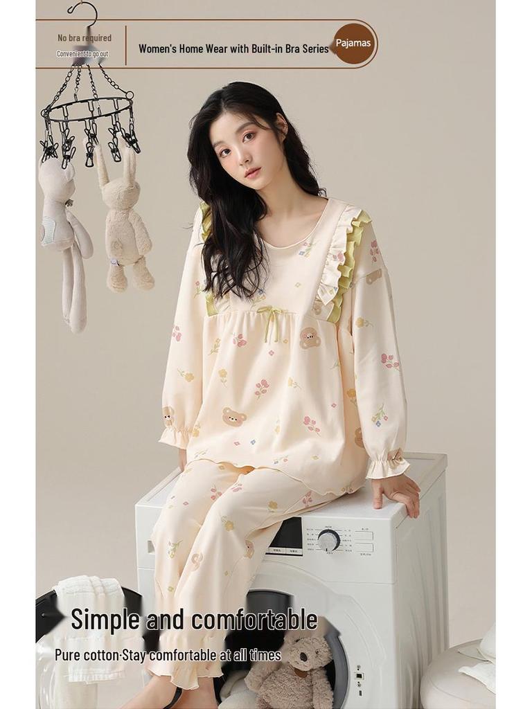 Women's Long-Sleeve Cotton Pajama Set with Chest Pads - Cozy Autumn/Winter Wear, Sweet & Stylish for Home or Outside