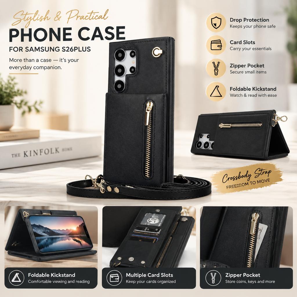 Samsung S26 Series PU Leather Phone Case with Long Strap, Zipper Pocket and Kickstand